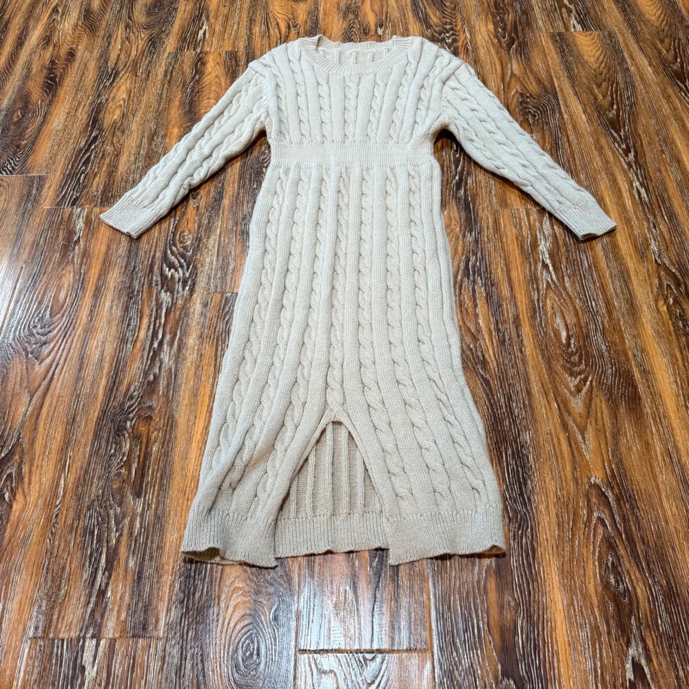 Size XL Beige Cable Knit Midi Sweater Dress Long Sleeve Front Slit 0XL SHEIN - Picture 1 of 6